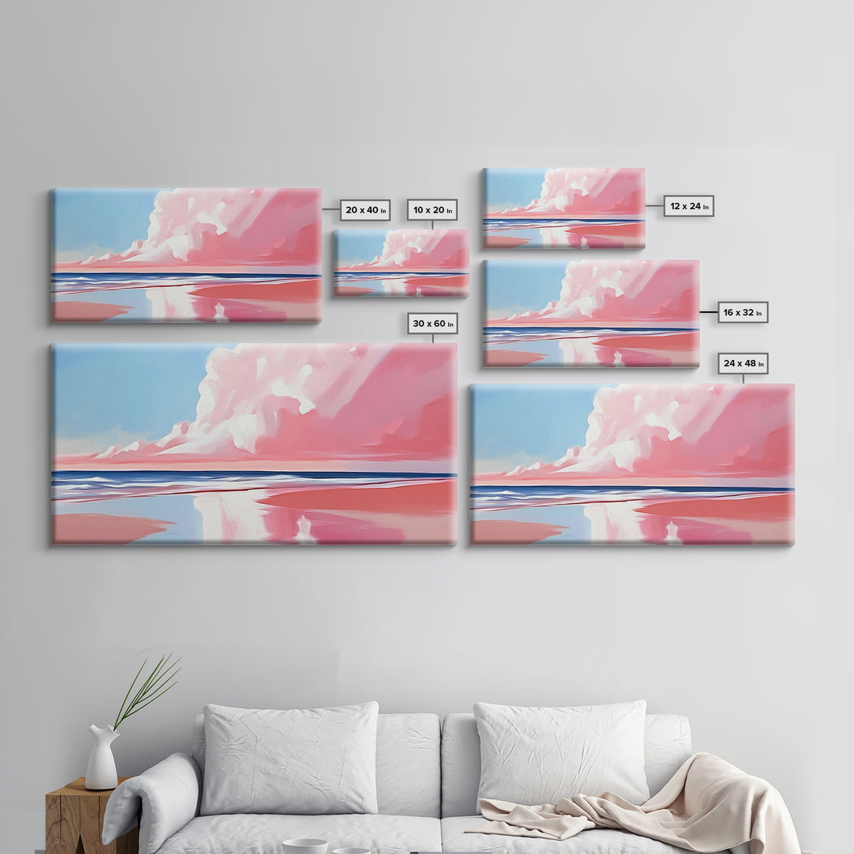 Pink Beach, Dreamy Ocean, Framed Canvas Print, Coastal Art, Minimalist Seascape, Modern Wall Decor, Soft Pastel Landscape