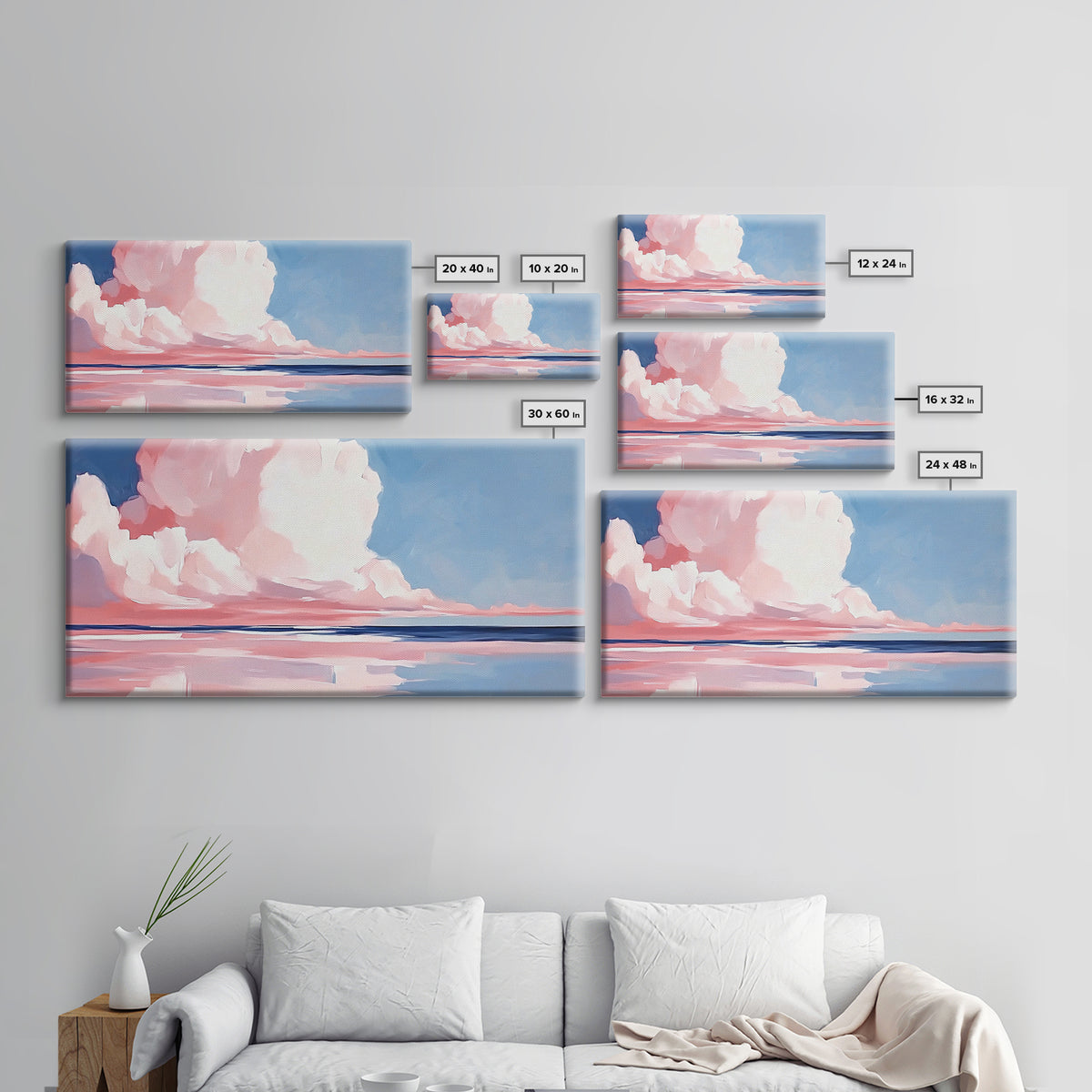 Cloudy Seascape, Pink Horizon, Framed Canvas Print, Coastal Art, Serene Wall Decor, Sunset Painting, Ocean Aesthetic