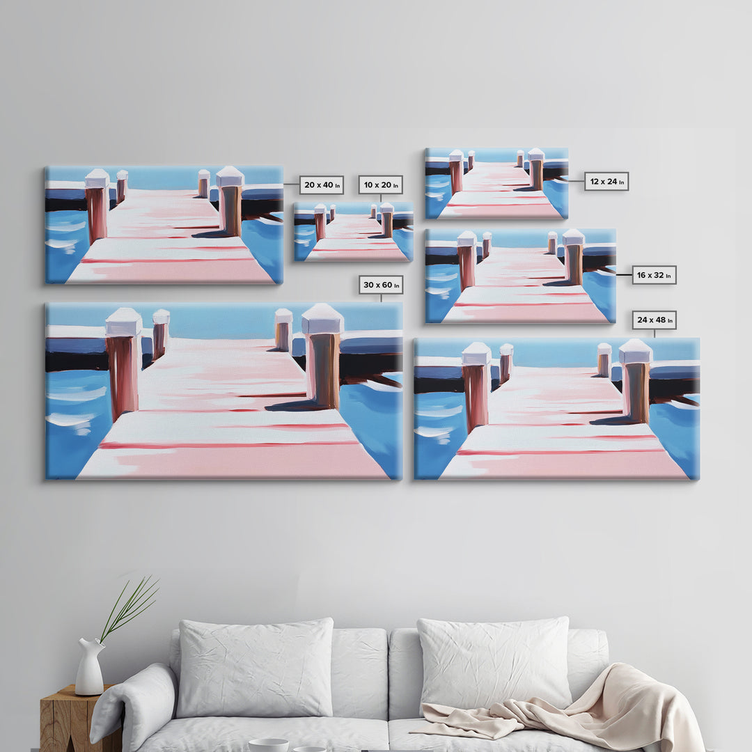 Dockside View, Nautical Art, Framed Canvas Print, Coastal Wall Decor, Beach House Aesthetic, Minimalist Ocean Painting