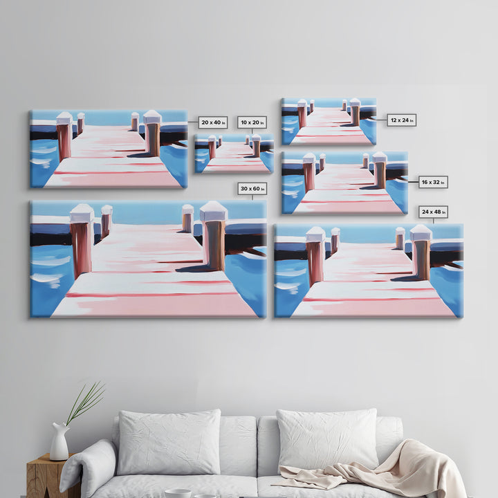 Dockside View, Nautical Art, Framed Canvas Print, Coastal Wall Decor, Beach House Aesthetic, Minimalist Ocean Painting