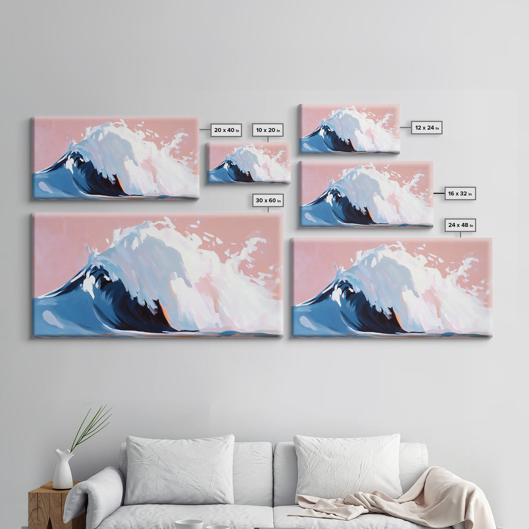 Blush Wave, Ocean Spray, Framed Canvas Print, Coastal Art, Modern Beach Decor, Serene Seascape, Surfer Aesthetic, Pastel Painting