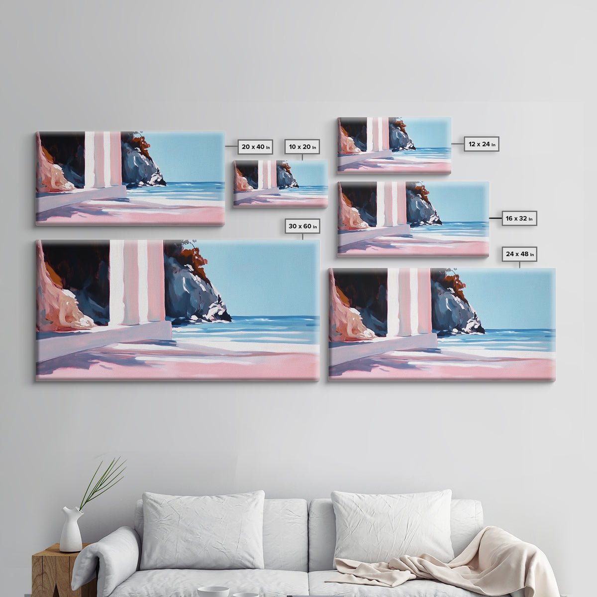 Coastal Retreat, Mediterranean Art, Framed Canvas Print, Beach House Decor, Minimalist Seascape, Pastel Ocean Painting, Modern Wall Art