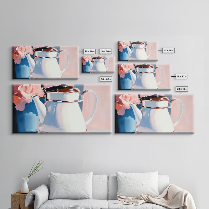 Teapot Charm, Vintage Still Life, Framed Canvas Print, Cottagecore Kitchen Decor, Shabby Chic Art, Pastel Home Aesthetic, Cozy Wall Art