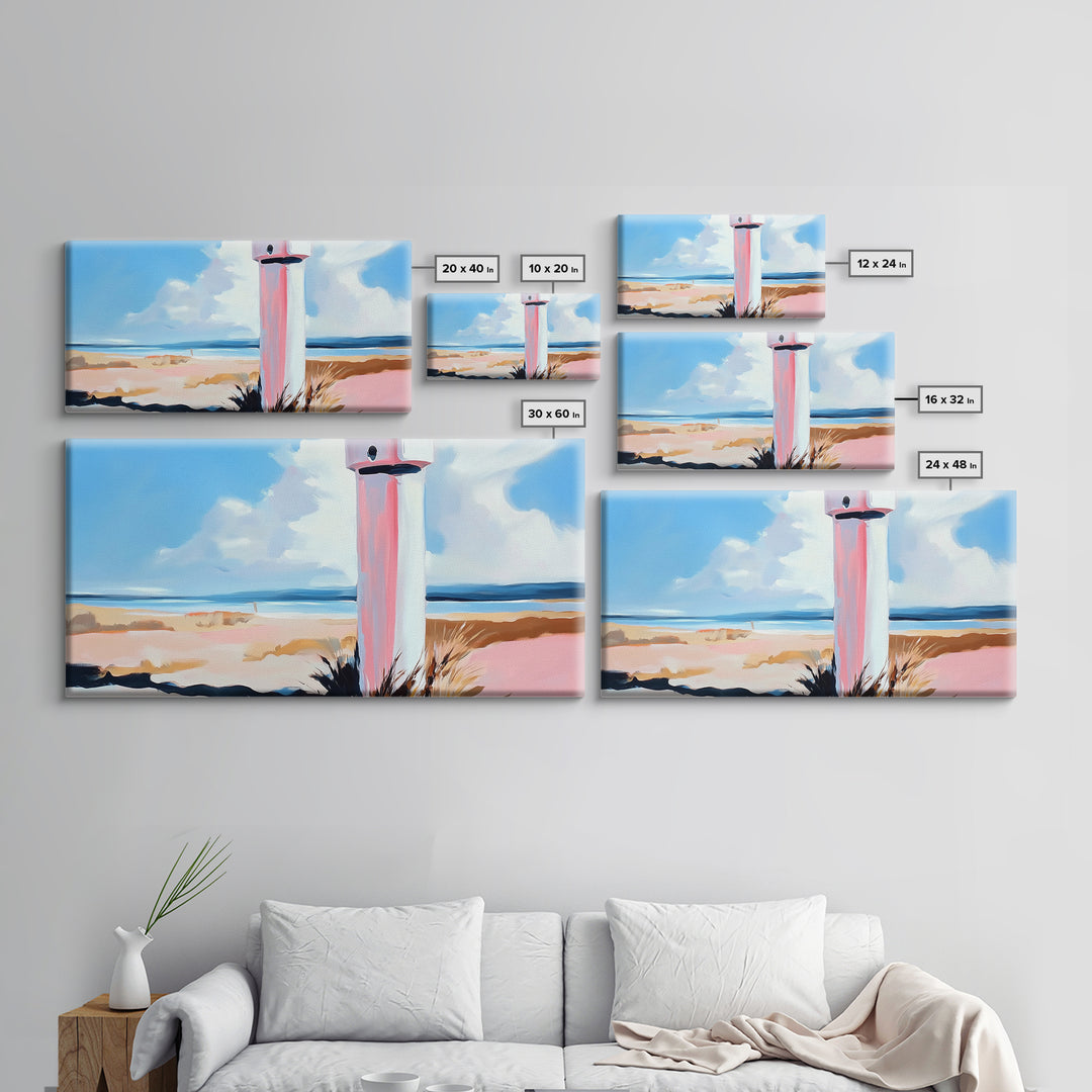 Coastal Lighthouse, Beach Wall Art, Nautical Decor, Ocean Landscape, Seaside Home, Modern Minimalist, Framed Canvas Print