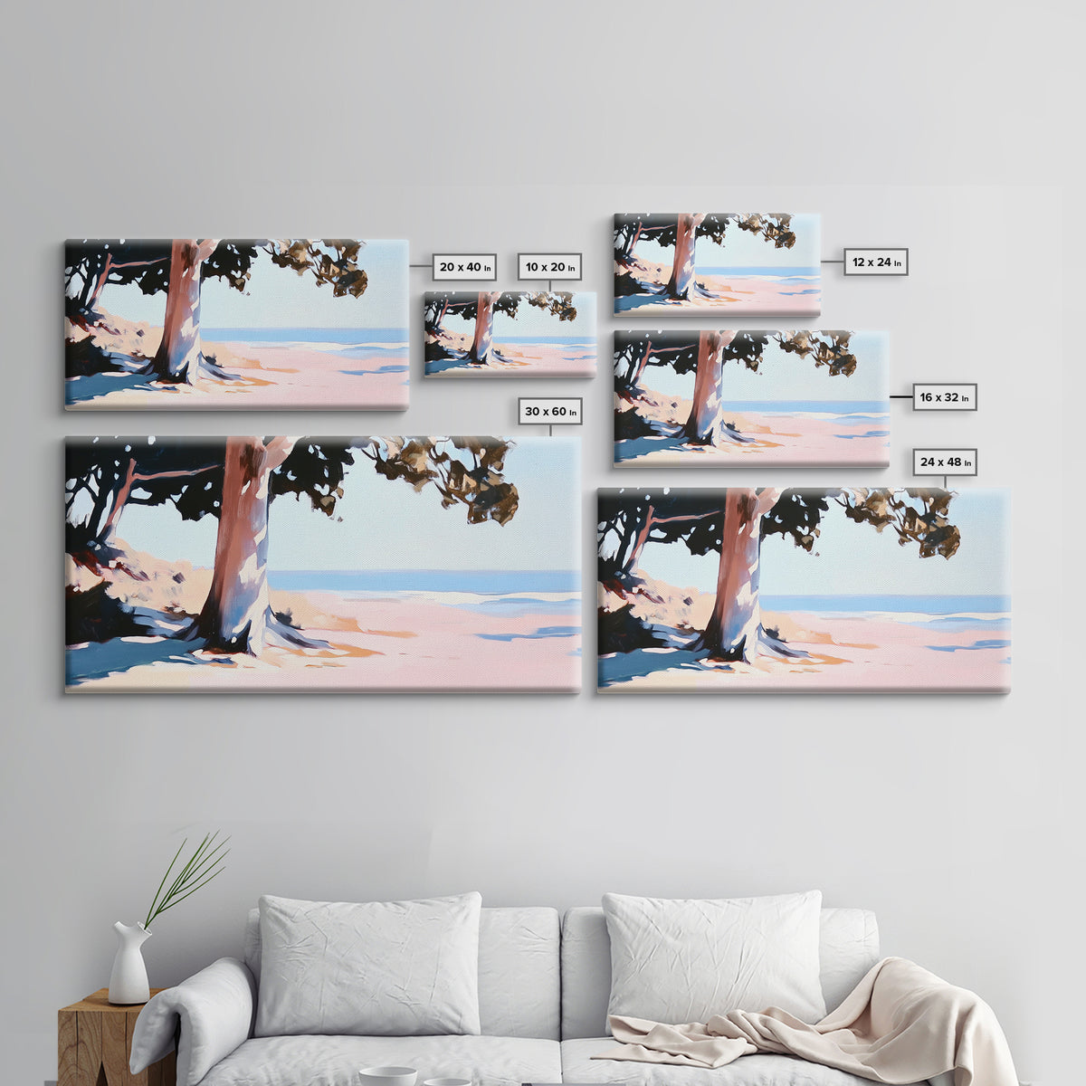 Coastal Tree, Beach Serenity, Ocean Landscape, Minimalist Aesthetic, Tranquil Seascape, Boho Decor, Nature Art, Framed Canvas Print