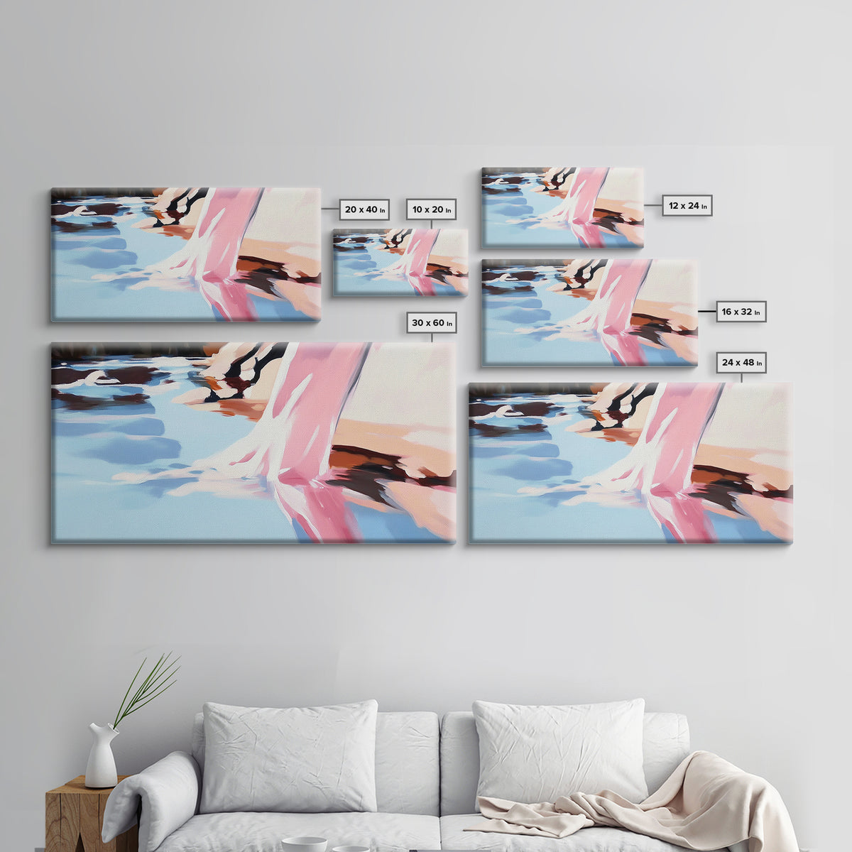 Flowing Water, Abstract Landscape, River Reflection, Soft Blues and Pinks, Peaceful Nature, Contemporary Minimalism, Canvas Print