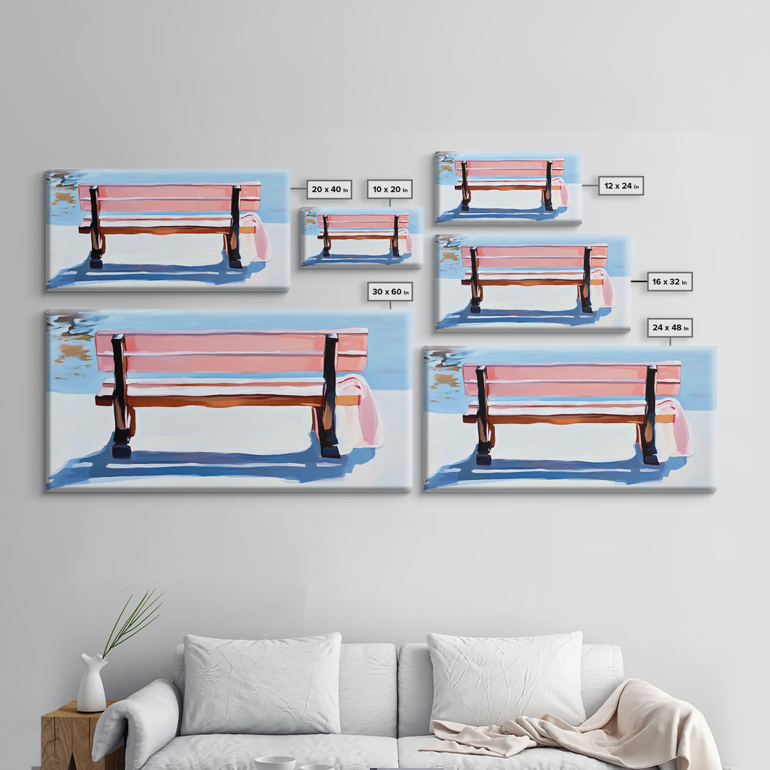 Park Bench, Peaceful Moment, Minimalist Art, Living Room Wall Art, Pastel Landscape, Framed Canvas Print, Impressionist Style, Soft Blue Pink