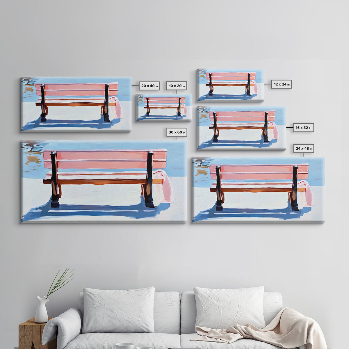 Park Bench, Peaceful Moment, Minimalist Art, Living Room Wall Art, Pastel Landscape, Framed Canvas Print, Impressionist Style, Soft Blue Pink