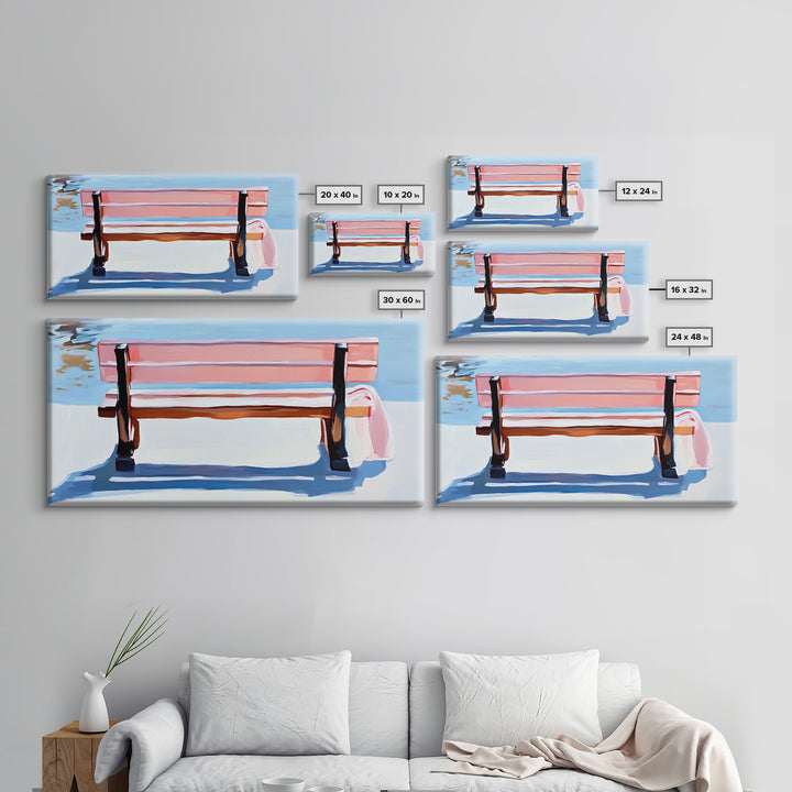 Park Bench, Peaceful Moment, Minimalist Art, Living Room Wall Art, Pastel Landscape, Framed Canvas Print, Impressionist Style, Soft Blue Pink