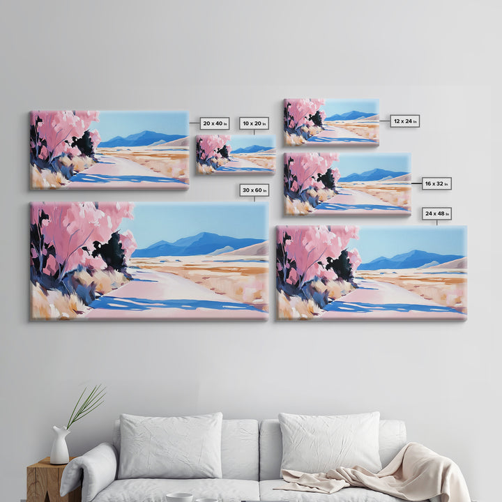 Blossoms, Mountain Path, Scenic Landscape Art, Nature Painting, Boho Decor, Framed Canvas Print, Pastel Pink Trees, Serene Wall Art