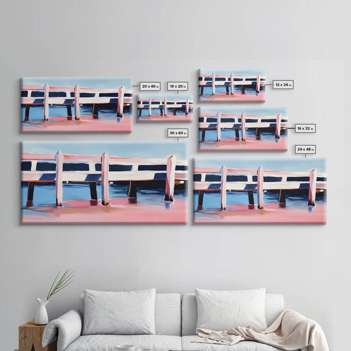 Dock, Reflections, Landscape Art, Nautical Decor, Serene Water Painting, Framed Canvas Print, Minimalist Seaside Art, Blue Pink Aesthetic