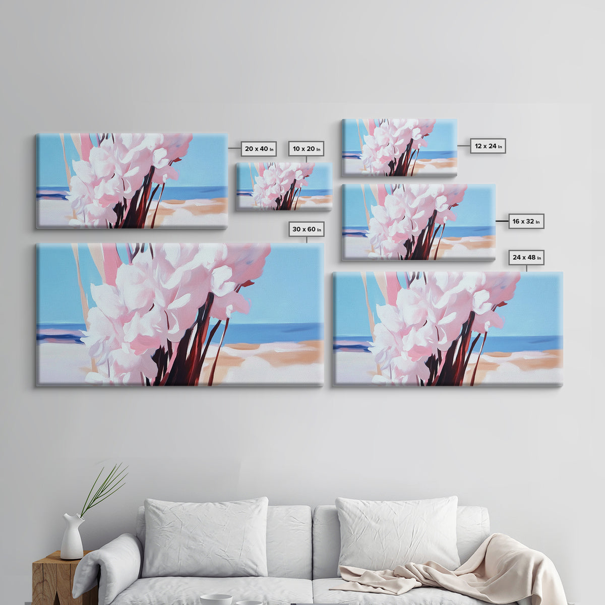 Coastal Flowers, Beach House Art, Pink Blossom Painting, Nature Wall Art, Minimalist Decor, Framed Canvas Print, Modern Living Room