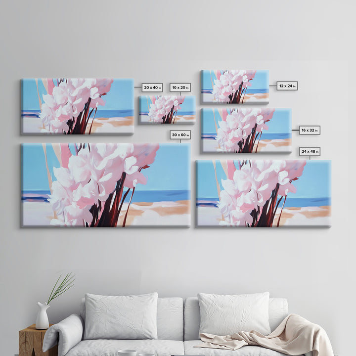 Coastal Flowers, Beach House Art, Pink Blossom Painting, Nature Wall Art, Minimalist Decor, Framed Canvas Print, Modern Living Room