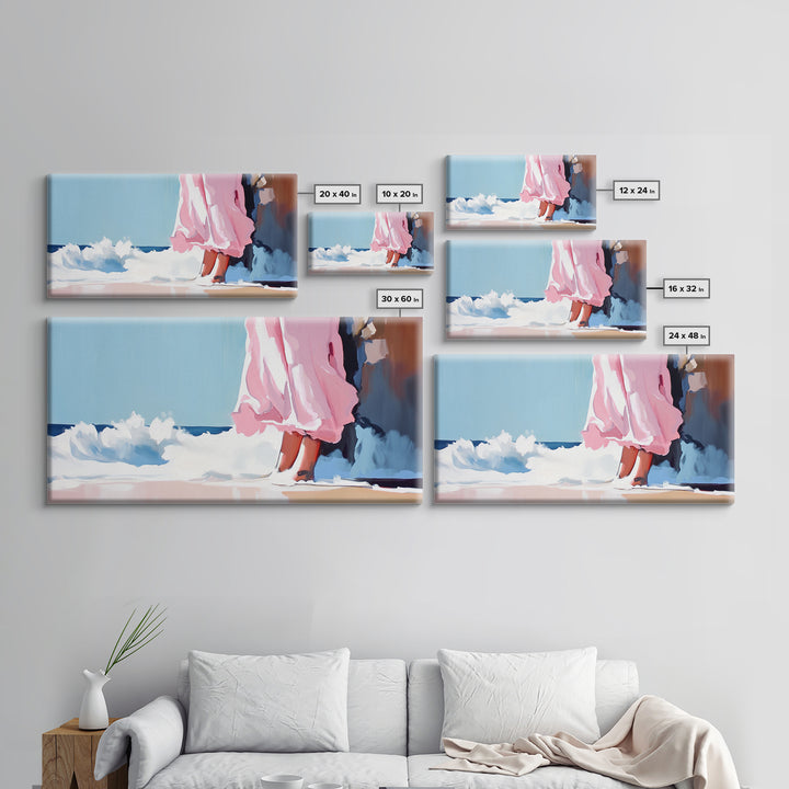 Ocean Breeze, Pink Dress, Coastal Art, Modern Seascape, Minimalist Wall Art, Living Room Decor, Beach Aesthetic, Canvas Print