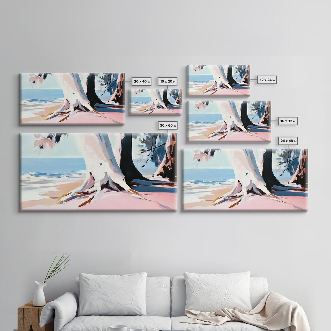 Beach Tree, Coastal Roots, Modern Nature Art, Minimalist Seascape, Living Room Wall Art, Tranquil Landscape, Canvas Print