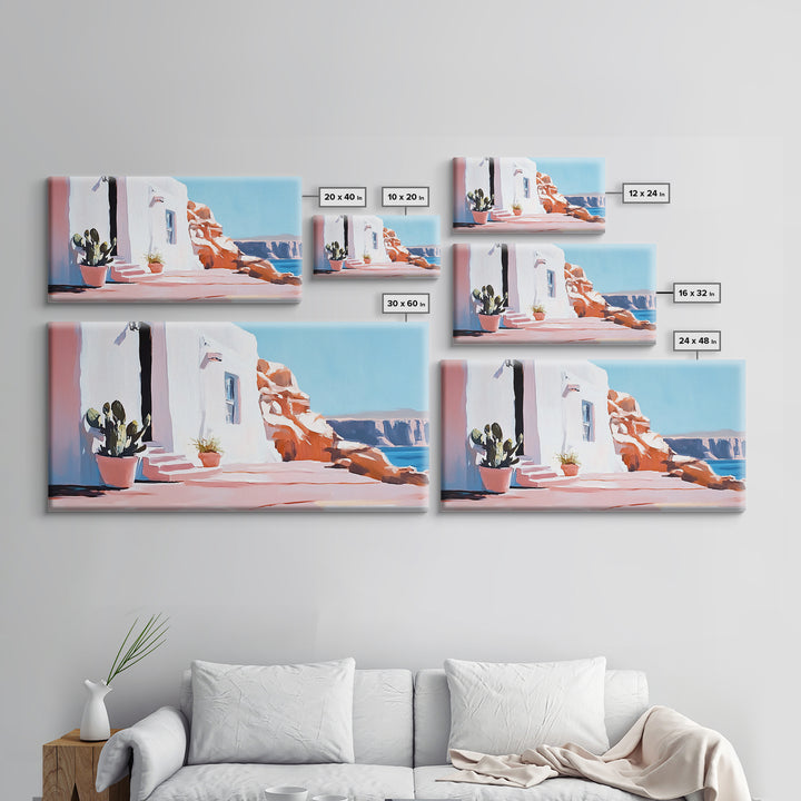 Cliffside House, Mediterranean Wall Art, Travel Print, Santorini Inspired Decor, Minimalist Aesthetic, Framed Canvas Print, Living Room
