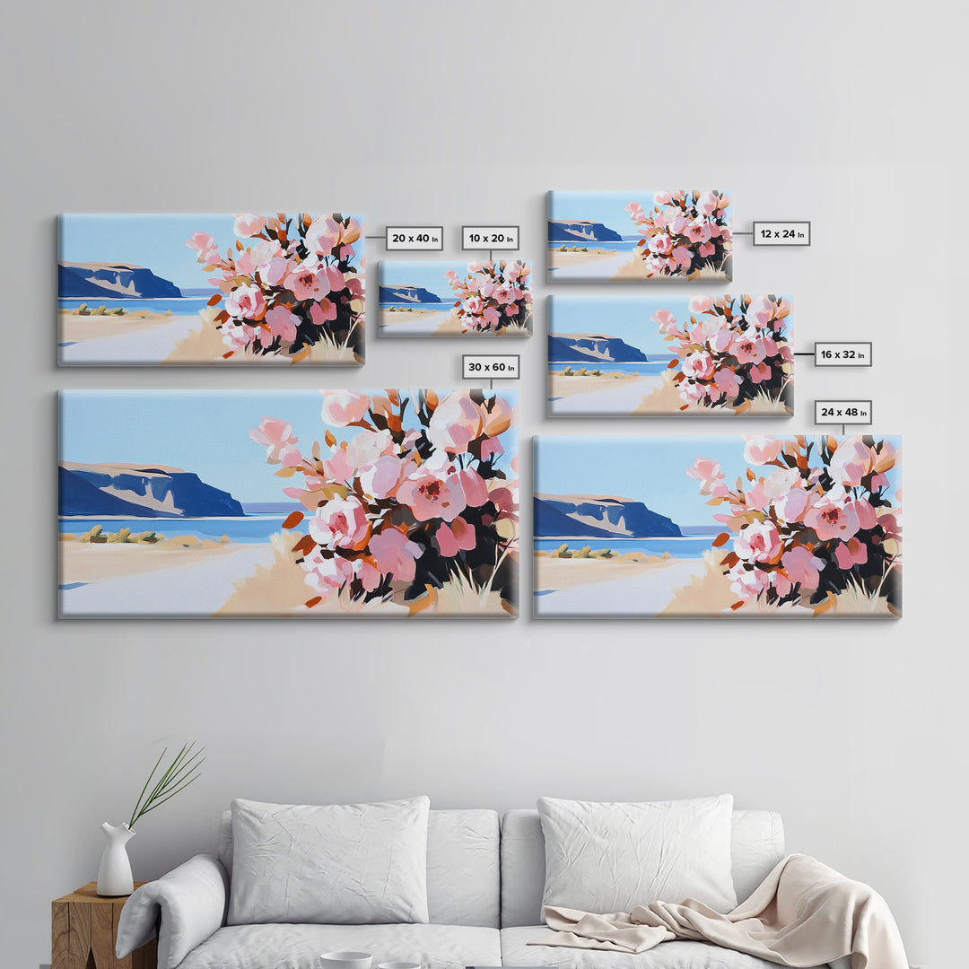 Coastal Flowers, Blue Ocean, Beach Aesthetic, Vibrant Nature Art, Boho Wall Decor, Bedroom Art, Pink Floral Scene, Canvas Print