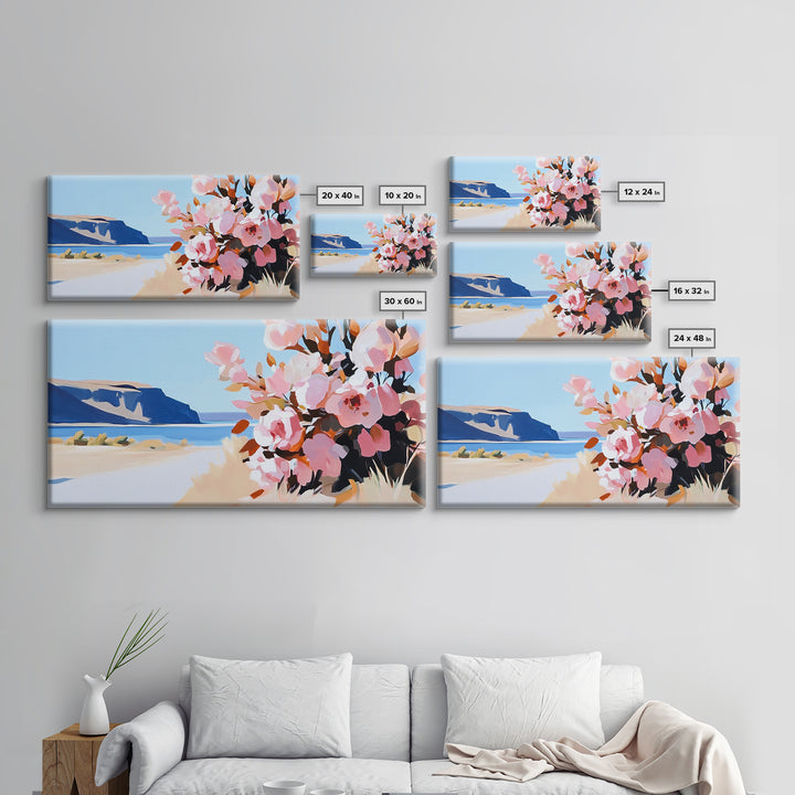 Coastal Flowers, Blue Ocean, Beach Aesthetic, Vibrant Nature Art, Boho Wall Decor, Bedroom Art, Pink Floral Scene, Canvas Print