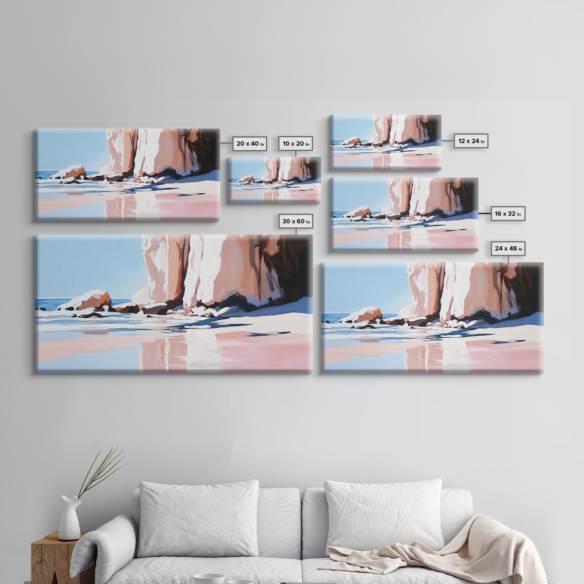 Beach Reflections, Rock Formations, Seaside Art, Canvas Print, Coastal Wall Decor, Ocean Painting, Living Room Art, Minimalist Beach Art