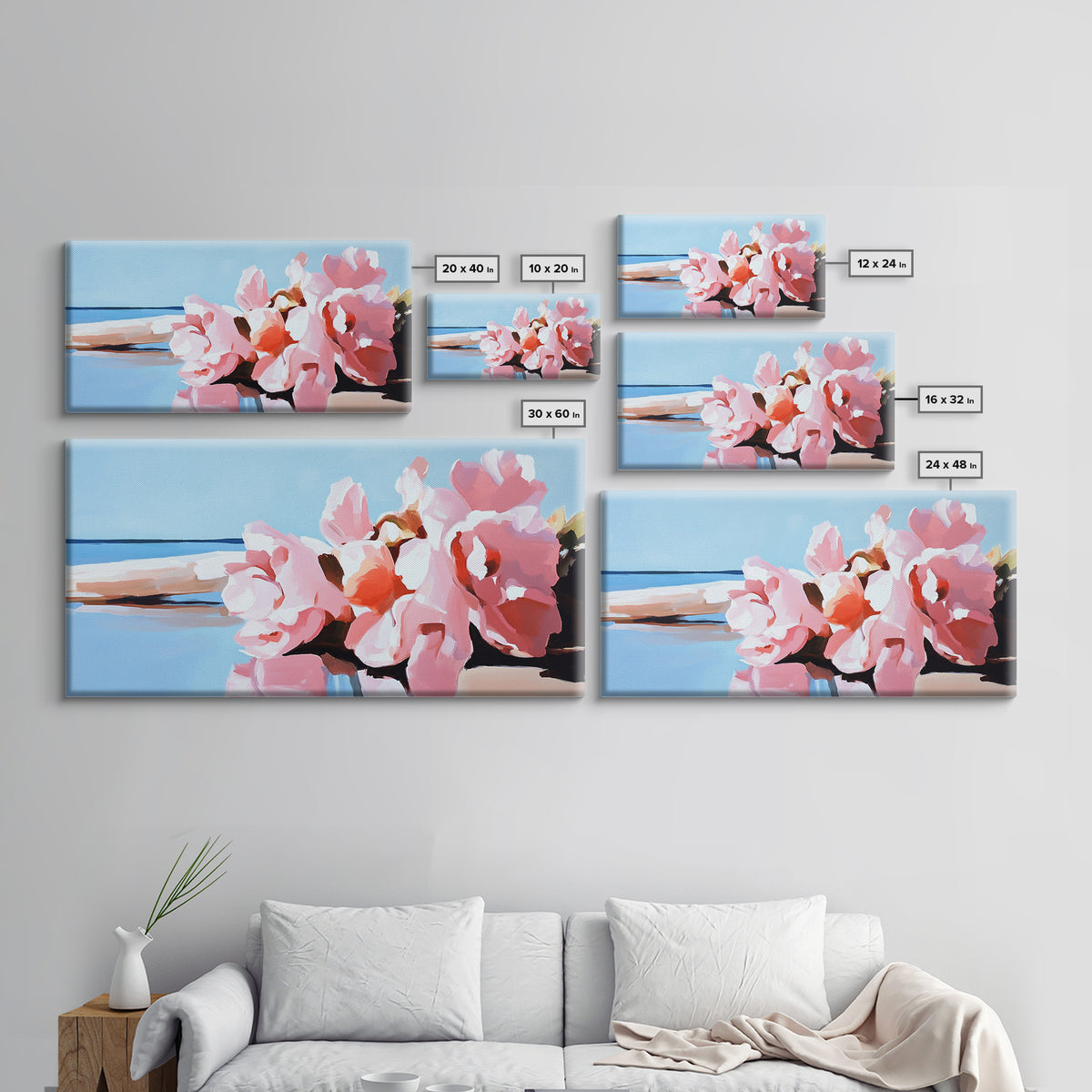 Beach Flowers, Coastal Art, Pink Peonies, Seaside Decor, Framed Canvas Print, Living Room Wall Art, Romantic Art, Boho Aesthetic