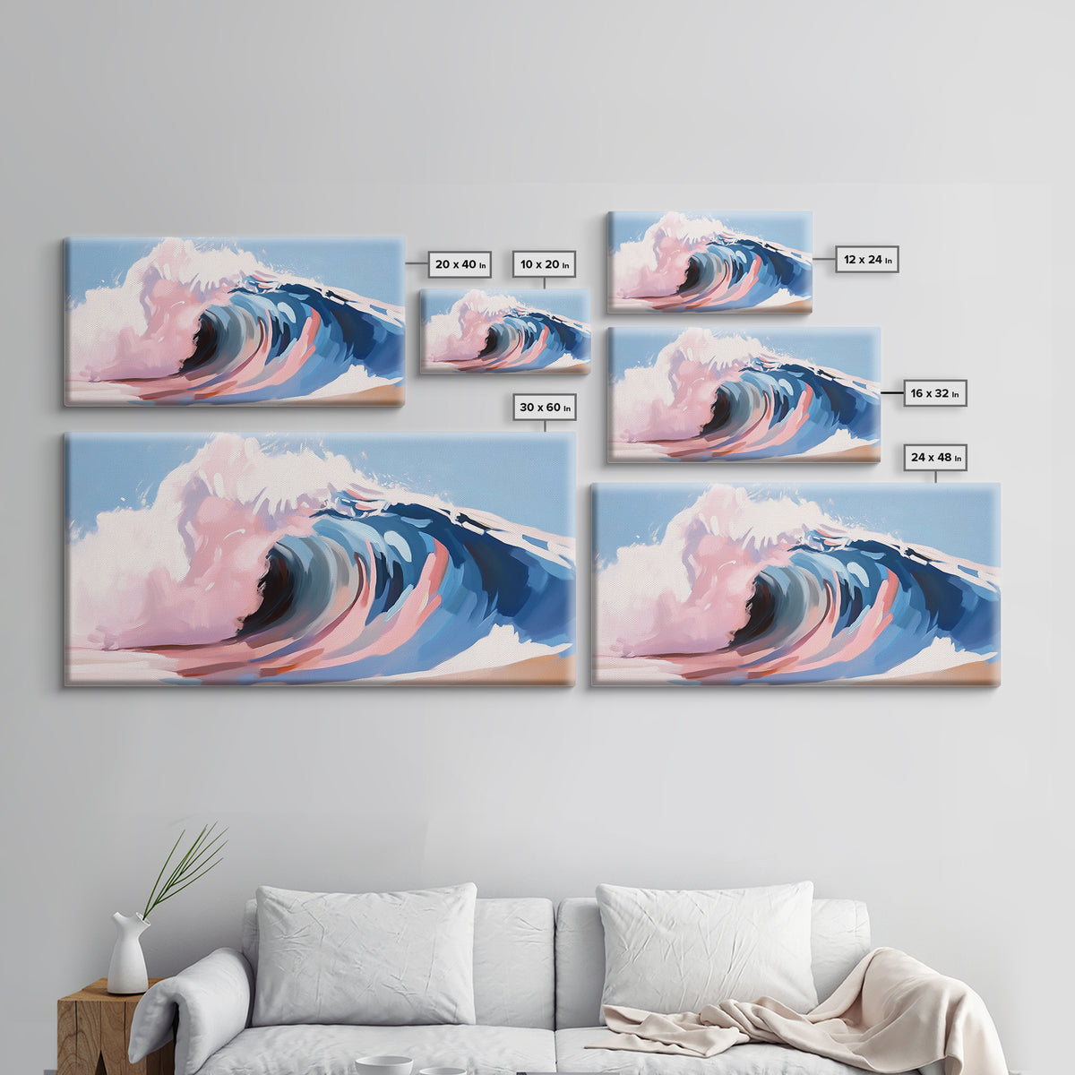 Ocean Wave, Abstract Seascape, Beach Aesthetic, Coastal Home, Canvas Print, Modern Beach House Wall Art, Blue and Pink Waves, Surf Art