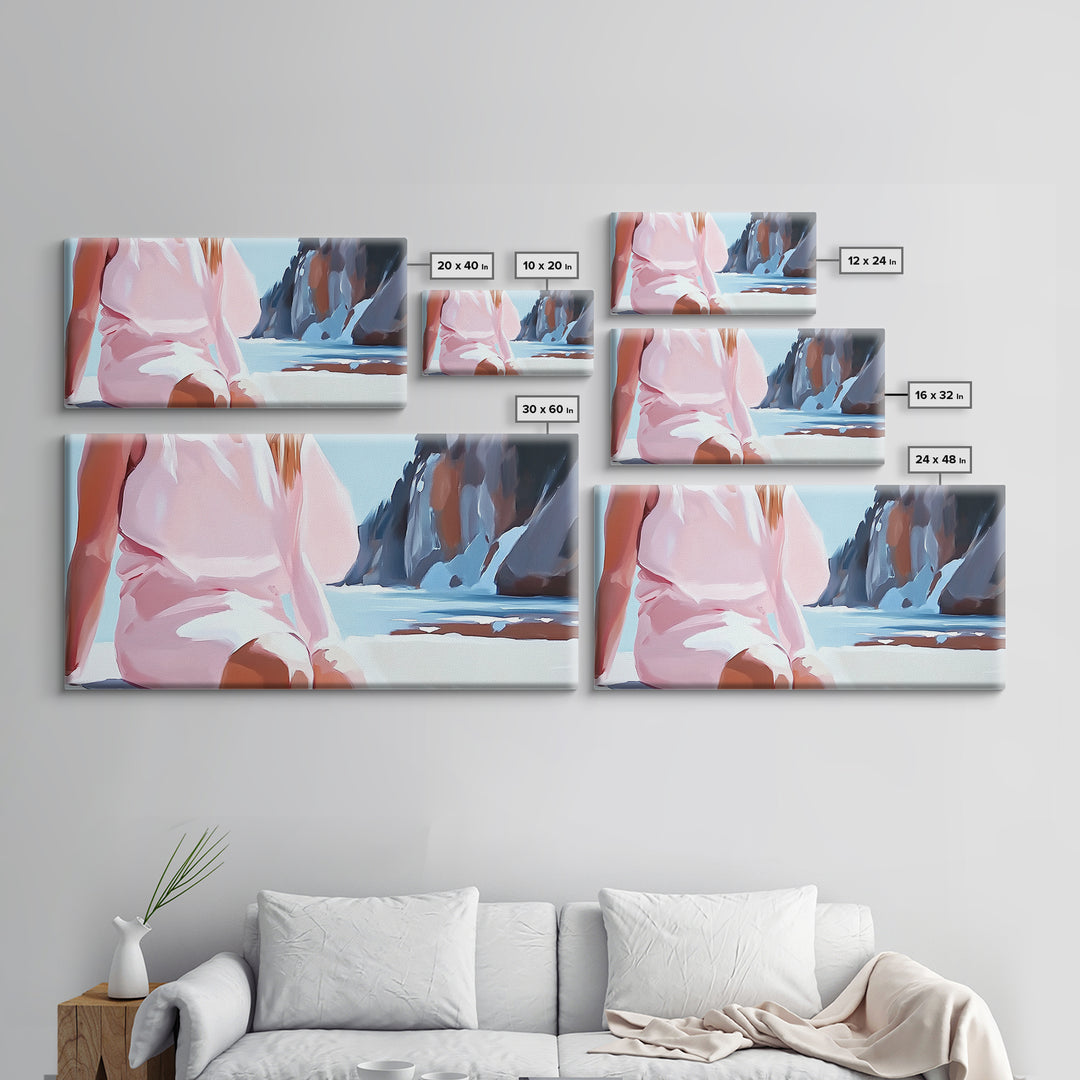 Beach Woman, Summer Aesthetic, Ocean Fashion, Boho Wall Art, Framed Canvas Print, Coastal Beauty, Modern Beach House Decor, Minimalist Artwork