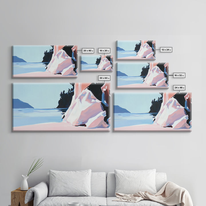 Cliffside View, Tranquil Waters, Framed Canvas Print, Coastal Wall Art, Minimalist Landscape, Serene Home Decor, Blue and Blush Tones