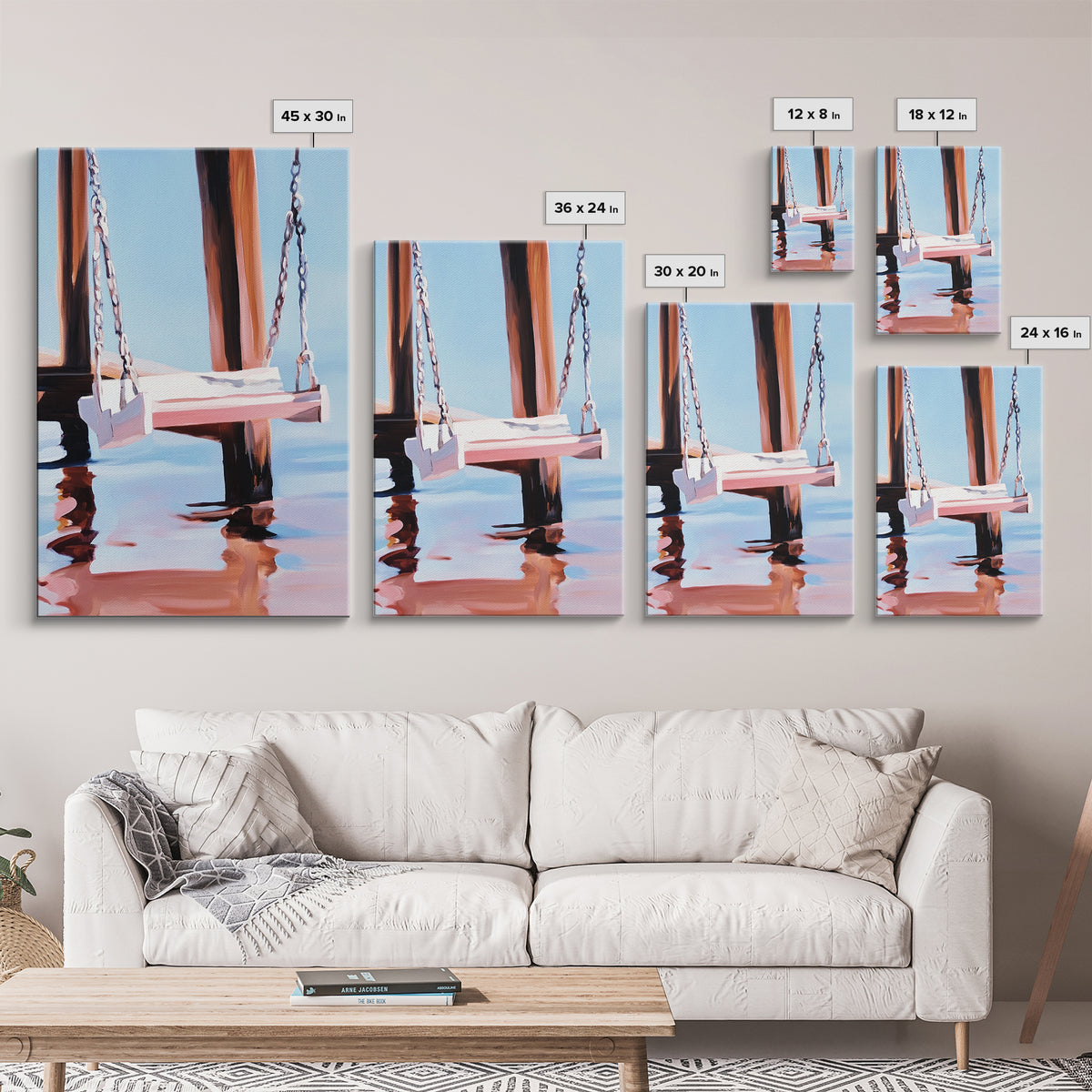 Dock Swing, Reflection Art, Nautical Decor, Relaxing Beach Scene, Minimalist Water Art, Canvas Print, Coastal Wall Art, Rustic Charm