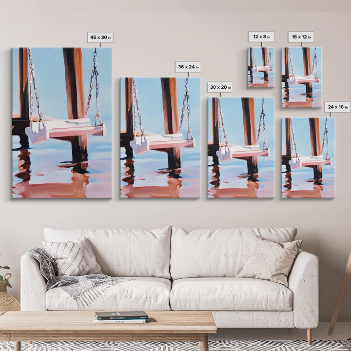 Dock Swing, Reflection Art, Nautical Decor, Relaxing Beach Scene, Minimalist Water Art, Canvas Print, Coastal Wall Art, Rustic Charm