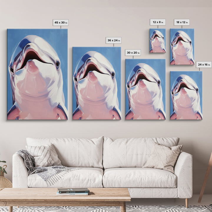 Dolphin Smile, Ocean Wildlife, Playful Sea Art, Coastal Decor, Nautical Wall Art, Canvas Print, Kids Room Art, Marine Animal Painting