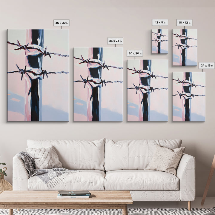 Barbed Wire, Western Art, Minimalist Ranch Style, Rustic Fence, Framed Canvas Print, Modern Wall Art, Cowboy Aesthetic, Bold Home Decor