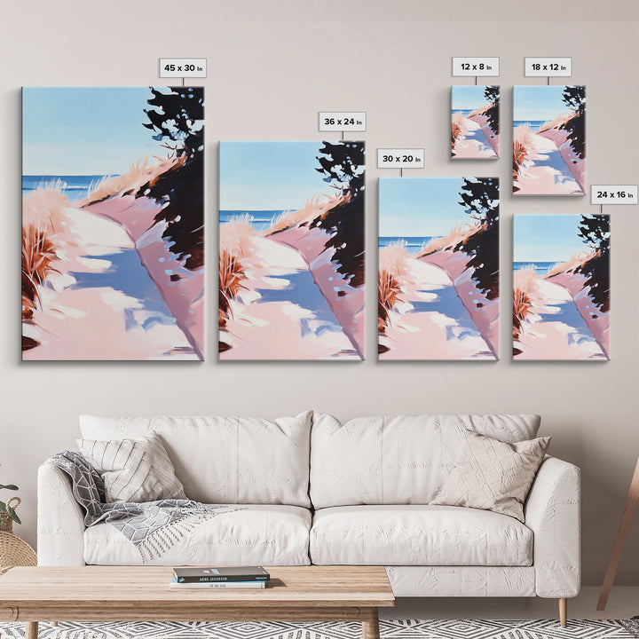 Coastal Dunes, Seaside Pathway, Beach Grass, Tranquil Nature Scene, Canvas Print, Living Room Wall Art, Soft Pastel Landscape
