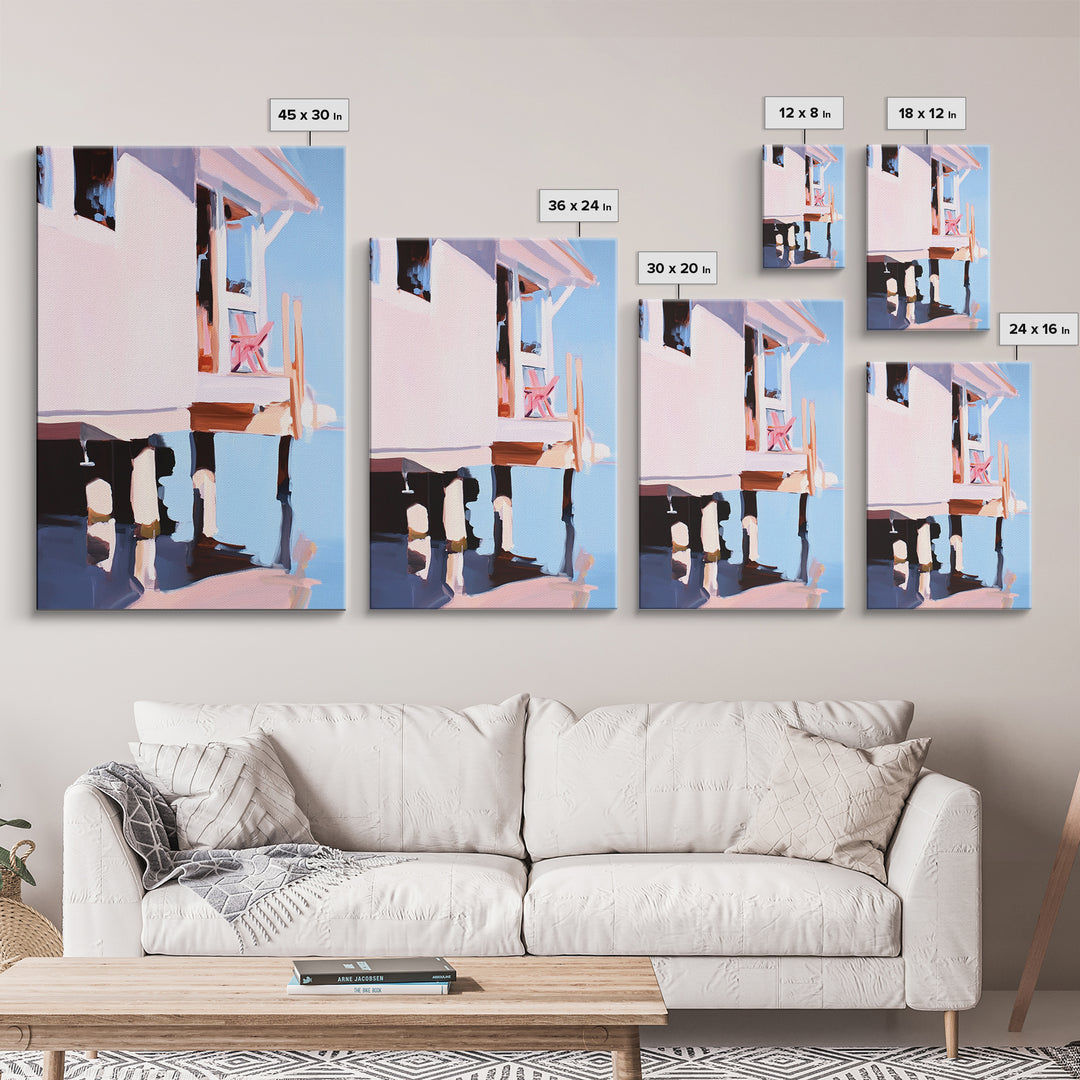 Coastal House, Seaside Home, Beachfront Art, Framed Canvas Print, Modern Coastal Art, Living Room Wall Art, Ocean Painting