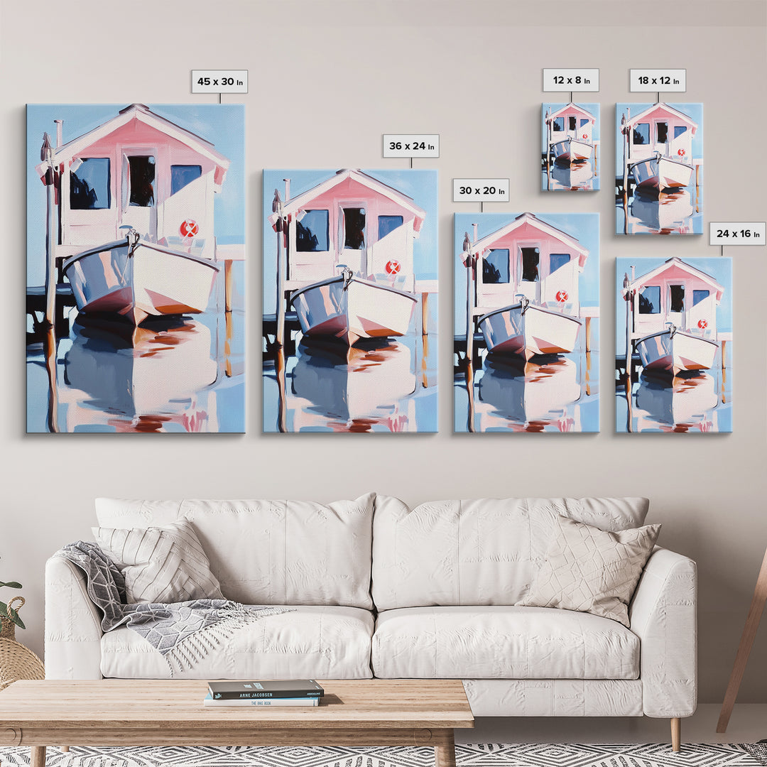 Boat Dock, Harbor Scene, Nautical Home Art, Coastal Wall Decor, Framed Canvas Print, Minimalist Beach Art, Modern Painting, Boho Art