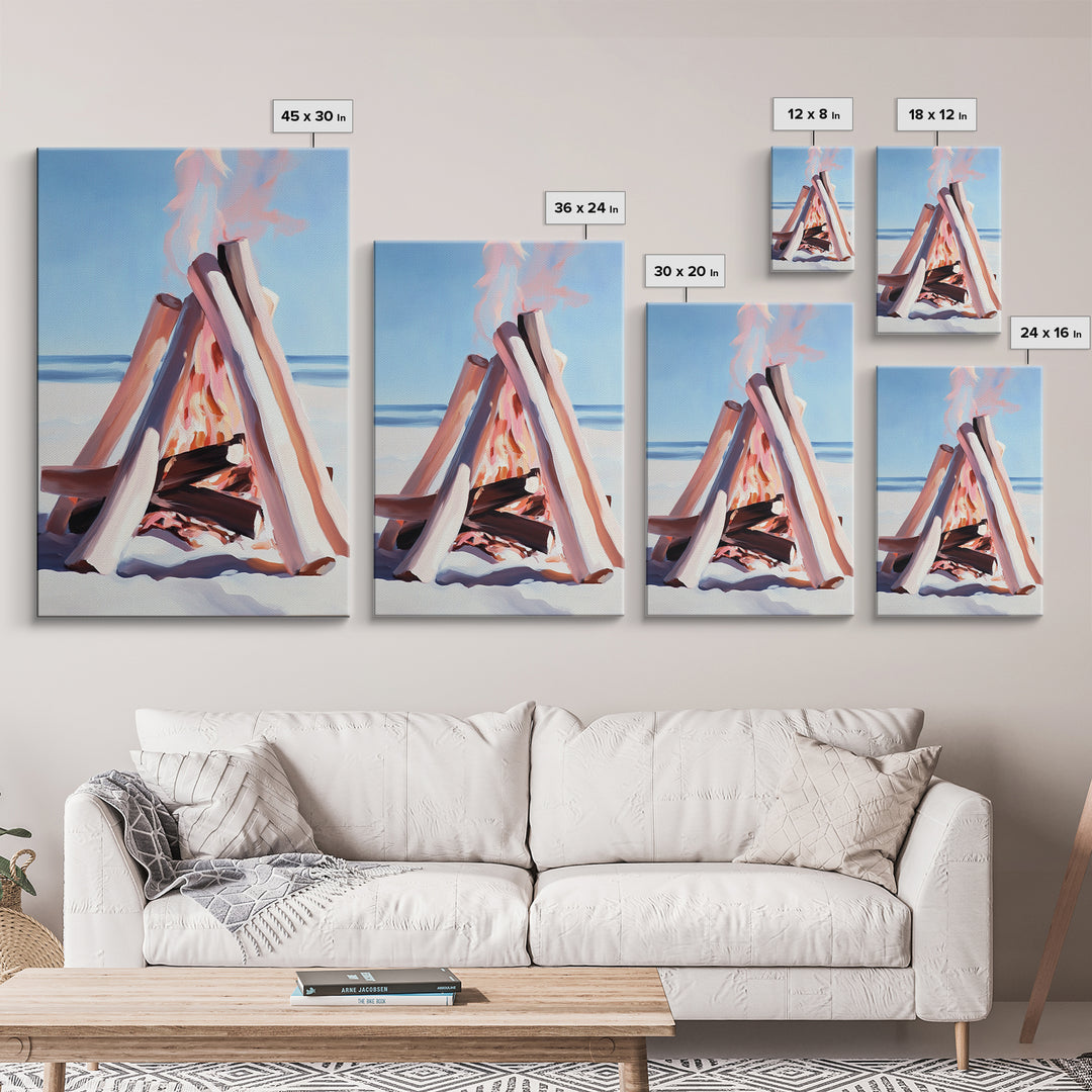 Beach Bonfire, Coastal Art, Ocean Sunset, Warm Minimalist, Canvas Print, Coastal Home Decor, Relaxing Wall Art, Boho Aesthetic