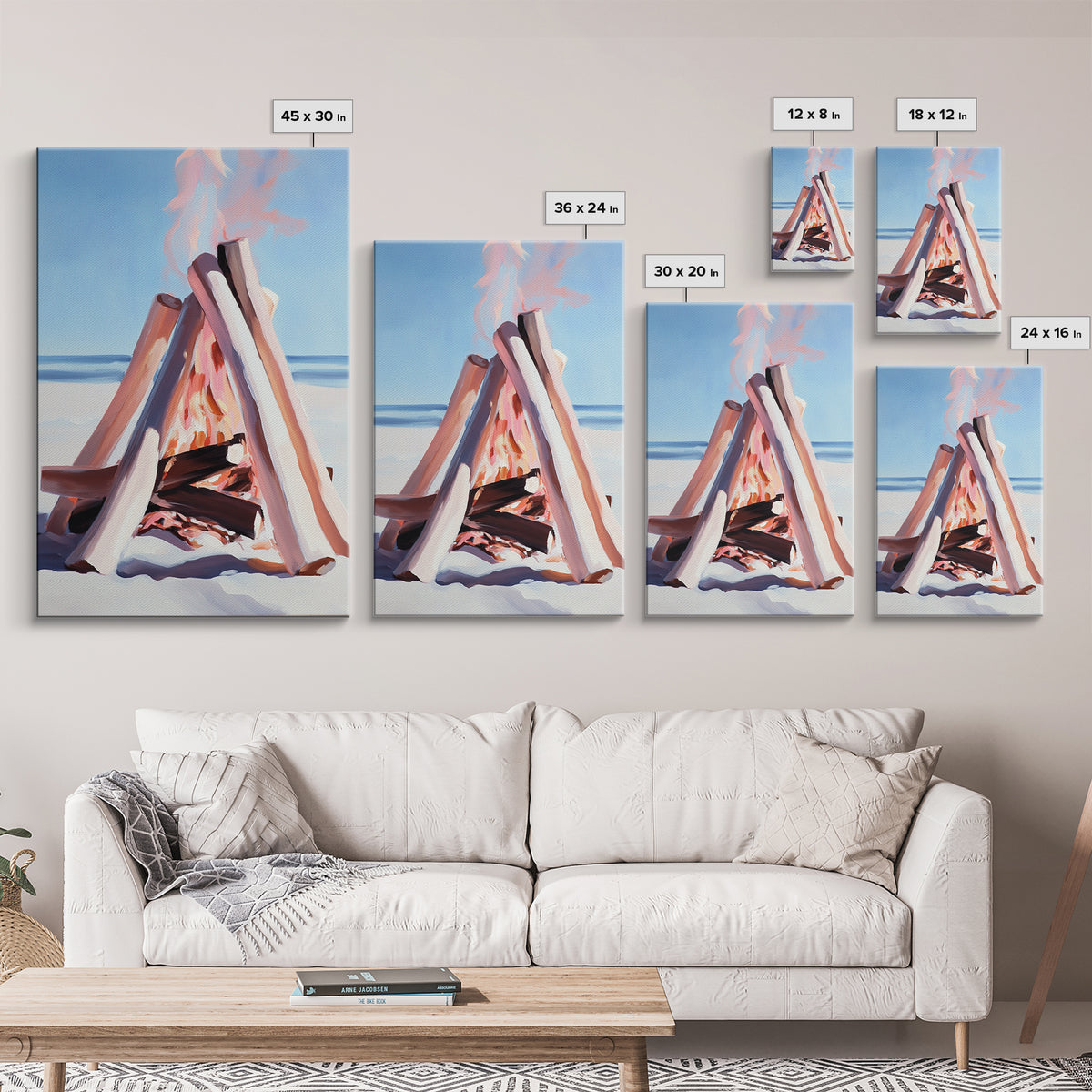 Beach Bonfire, Coastal Art, Ocean Sunset, Warm Minimalist, Canvas Print, Coastal Home Decor, Relaxing Wall Art, Boho Aesthetic