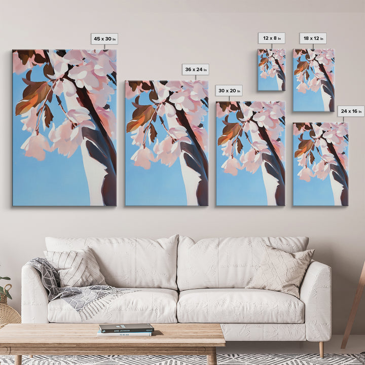 Cherry Blossom, Blue Sky, Framed Canvas Print, Spring Wall Art, Floral Painting, Pastel Decor, Nature Artwork, Bedroom Aesthetic