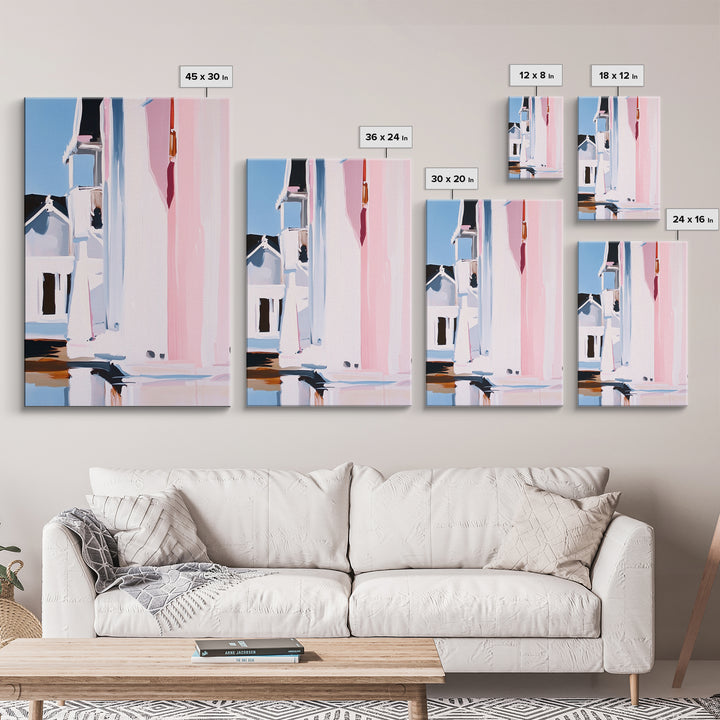 Pink Cityscape, Modern Architecture, Framed Canvas Print, Minimalist Wall Art, Soft Pastel Decor, Urban Home Design, Contemporary Aesthetic
