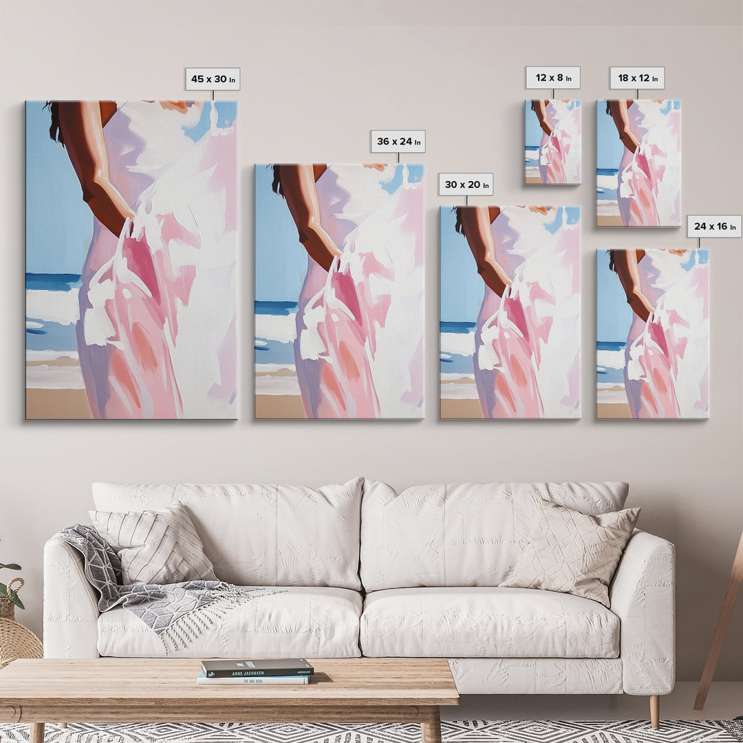 Beach, Dress, Breeze, Feminine, Canvas Print, Minimalist Art, Soft Pastel Art, Bedroom Wall Art, Aesthetic Home Decor, Coastal Wall Hanging