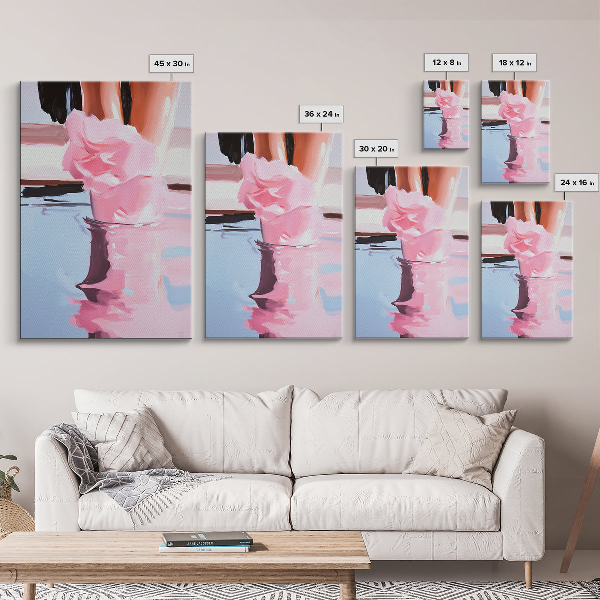 Romantic, Water, Reflection, Feminine, Framed Canvas Print, Elegant Minimalist Artwork, Soft Aesthetic Home Decor, Bedroom Wall Art, Fashion Art