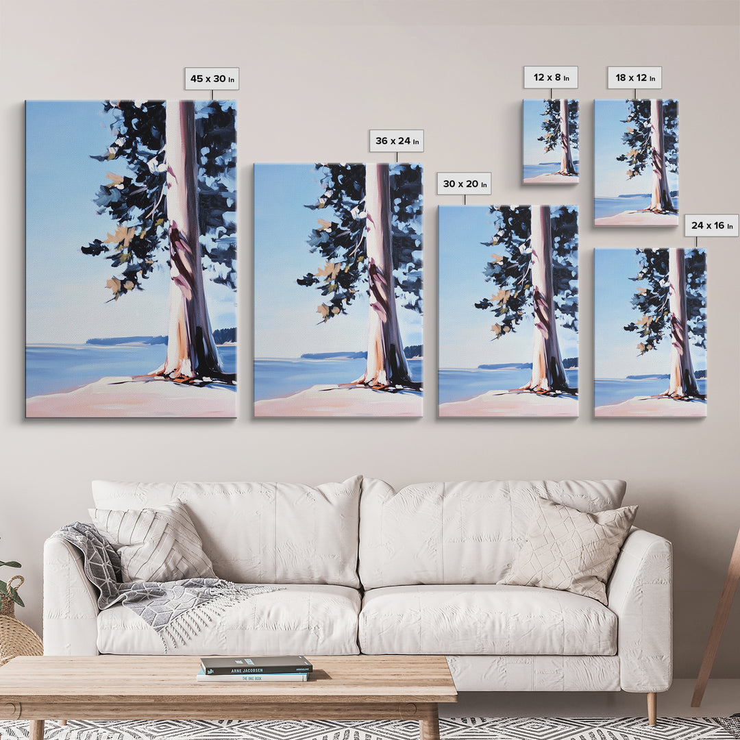 Coastal Tree, Lakeside Art, Tranquil Scene, Framed Canvas Print, Serene Nature Art, Minimalist Landscape, Living Room Wall Art