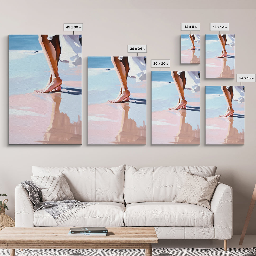 Barefoot Walk, Beach Reflection, Seaside Painting, Framed Canvas Print, Coastal Home Decor, Boho Art, Relaxing Bedroom Wall Art