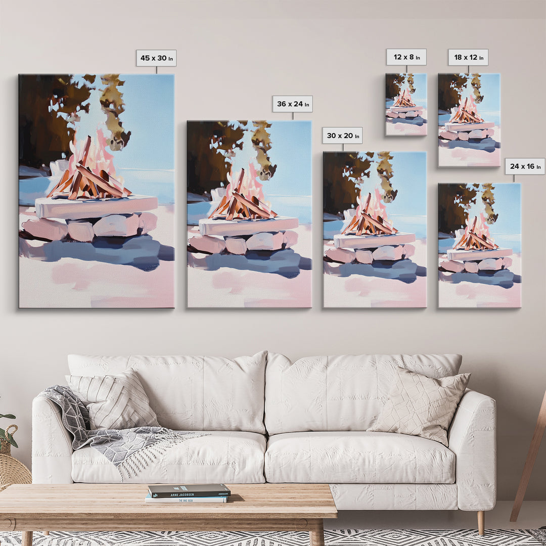 Campfire, Outdoor Retreat, Cozy Night, Framed Canvas Print, Cabin Decor, Rustic Wall Art, Autumn Home Art, Lodge Painting