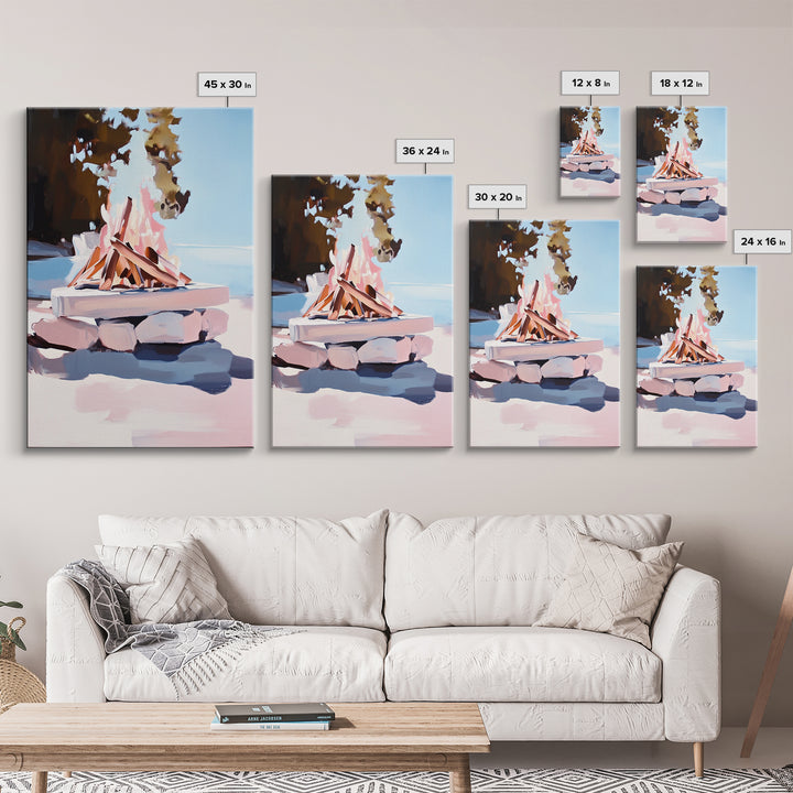 Campfire, Outdoor Retreat, Cozy Night, Framed Canvas Print, Cabin Decor, Rustic Wall Art, Autumn Home Art, Lodge Painting