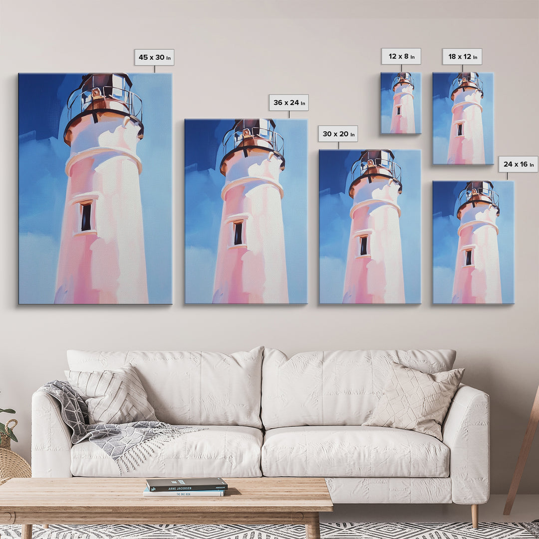 Coastal Lighthouse, Nautical Wall Art, Ocean Beach House, Framed Canvas Print, Minimalist Art, Living Room Wall Decor, Blue Sky