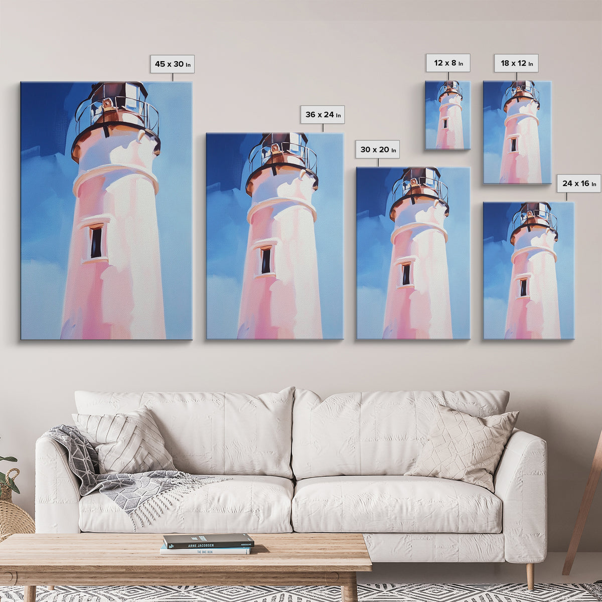 Coastal Lighthouse, Nautical Wall Art, Ocean Beach House, Framed Canvas Print, Minimalist Art, Living Room Wall Decor, Blue Sky