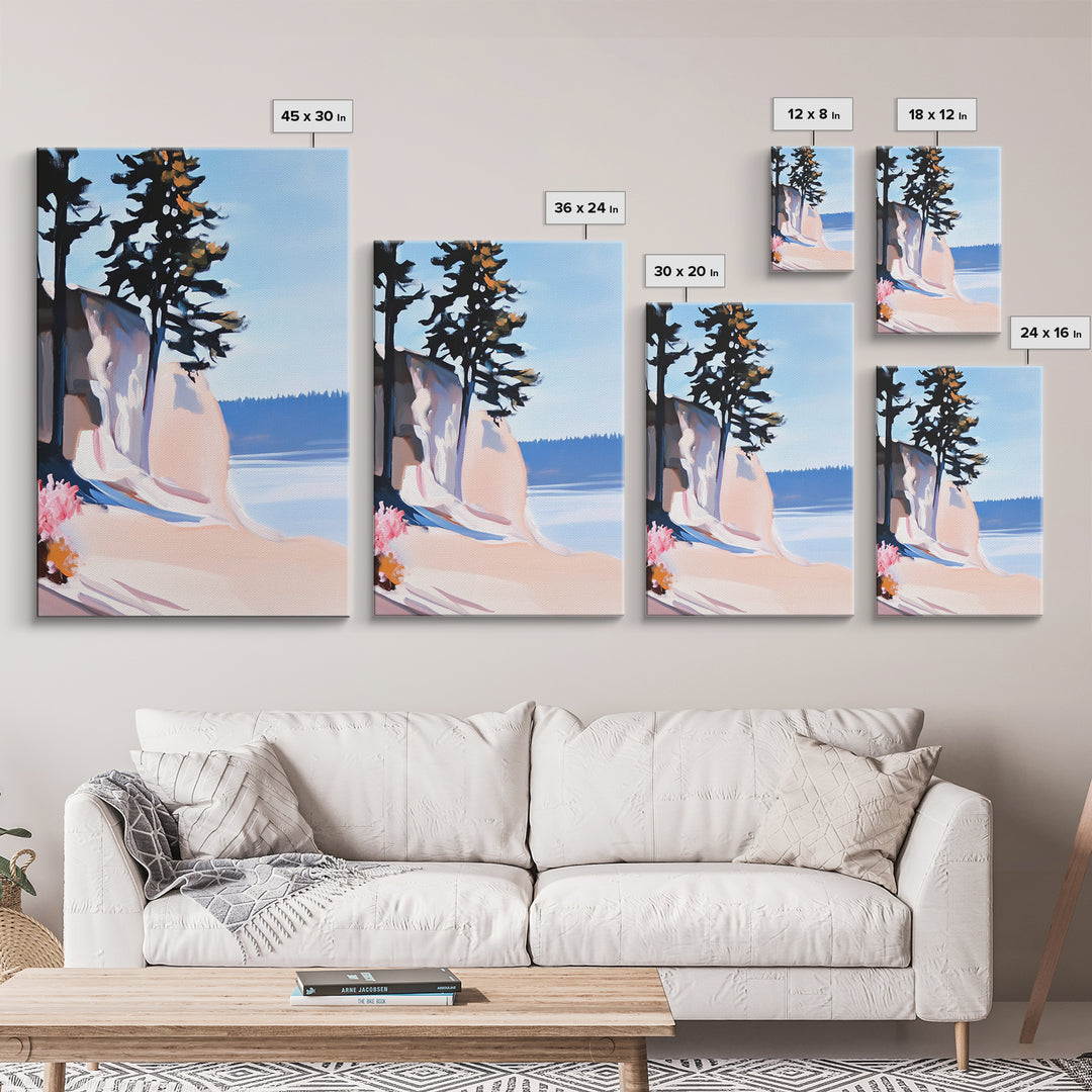 Cliffside View, Coastal Landscape Art, Ocean Breeze, Boho Wall Decor, Minimalist Painting, Relaxing Home Art, Framed Canvas Print, Scenic