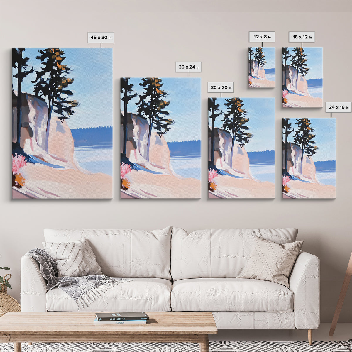 Cliffside View, Coastal Landscape Art, Ocean Breeze, Boho Wall Decor, Minimalist Painting, Relaxing Home Art, Framed Canvas Print, Scenic