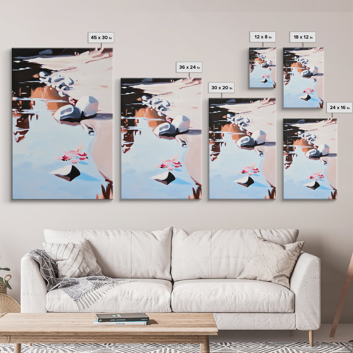 River Rock Art, Abstract Water Reflection, Serene Nature Print, Framed Canvas Print, Boho Landscape, Minimalist Decor, Living Room Art