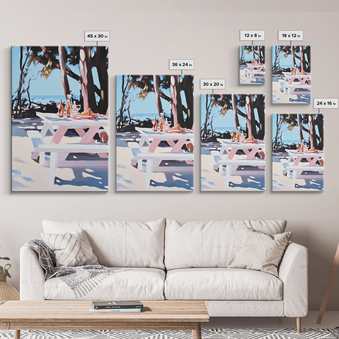 Picnic Wine, Beach Art, Coastal, Relaxing, Dining, Summer, Ocean, Boho, Aesthetic, Outdoor Living, Pastel, Canvas Print